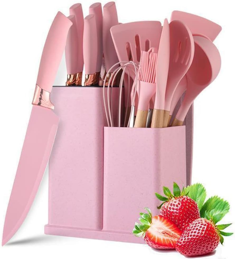 19-Piece Kitchen Knife and Utensils Set with Storage Rack, Silicone Cooking Utensils Set, Heat Resistant Kitchenware including cutting board, spoons whisk scraper spatula (Pink)