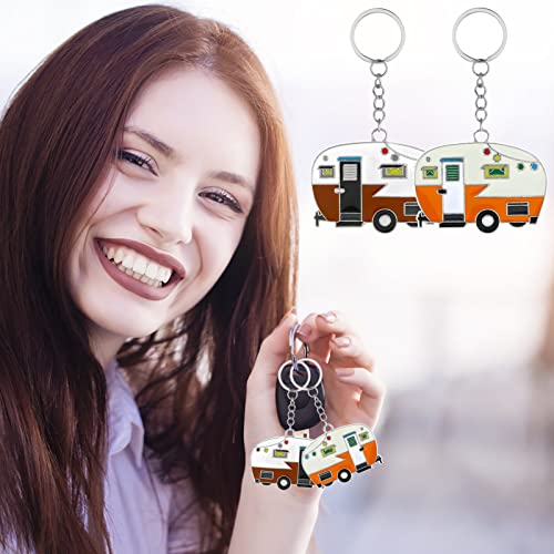 Image of Thinp 2 Pieces Camper Keychain, RV Camper Keyring Accessories for Travel Trailers Enameled Metal Retro Camping Car Keychain