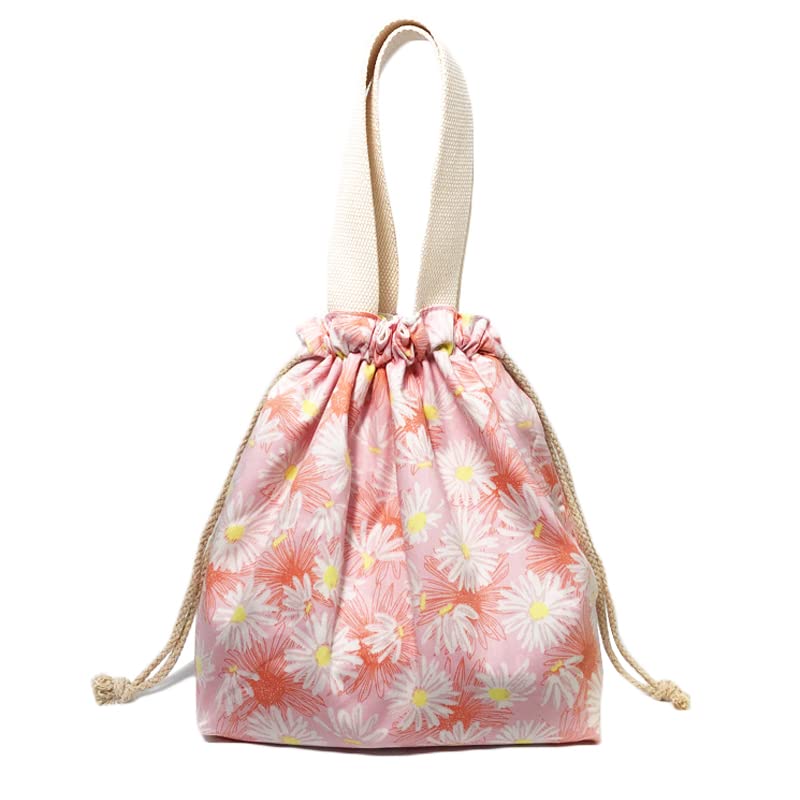 Lunch Bag, Lunch Bento Tote Pouch Reusable Small Cute Lunch Bag with Drawstring Suitable for Kids Girls Women Students Work School Camping Picnic (Daisy Pink)