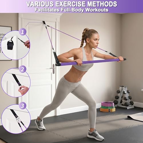 Image of Goocrun Portable Pilates Bar Kit with Resistance Bands for Men and Women - 3 Set Exercise Resistance Bands - Multifunctional Home Gym - Supports Full-Body Workouts - with Fitness Poster and Video