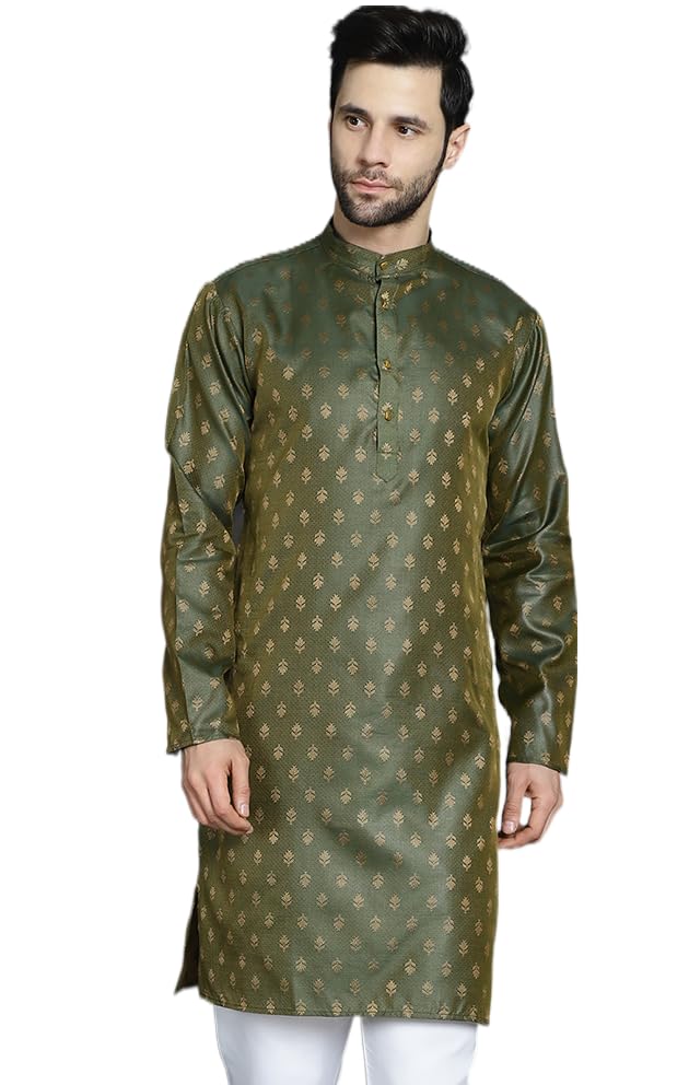 Jompers Men's Olive Woven Design Silk Blend Kurtas (Olive, M)