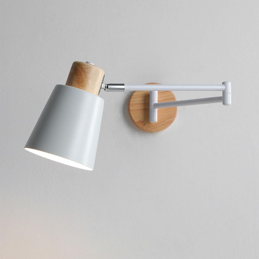 AoLa Schwenkarm Wandleuchte Innen Langer Arm Klapparm Wandbeleuchtung E27 Holzlampen Wandlampe Metall Verstellbarer Leselampe Modern Weiß Nachttischlampe Für Schlafzimmer Wohnzimmer Kinderzimmer