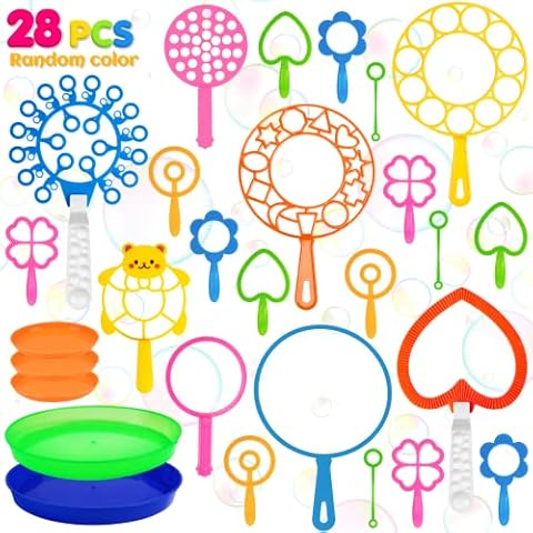 Roberly 28 Pcs Bubble Wands Set, Big Bubble Wand Toys Set with Tray, Bulk Funny Bubble Making Toys for Kids Summer Outdoor Activities Party Favors Giant Bubble Toys Gifts Birthday Games Cover