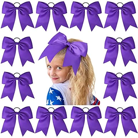 12 PCS 8" Large Cheer Bows Purple Girl Hair Bows Cheerleading Softball Team Bow Hair Accessories for cheerleaders football Competition Sports Cover