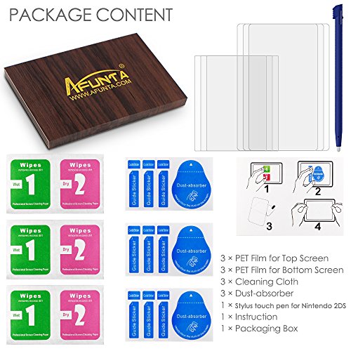 Image of Screen Protector and Stylus Compatible 2DS, AFUNTA 3 Pack (6 Pcs) HD Clear PET Film for Top and Bottom Screen, with 1 Plastic Blue Screen Touch Pen