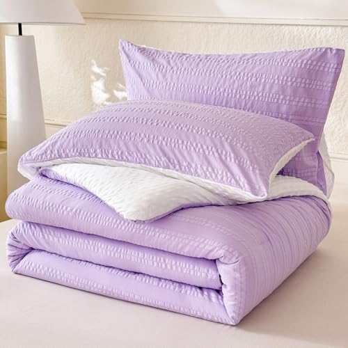 Image of tohrisa Boho Comforter Set King Size Striped Pleats Bohemian Seersucker Bedding Set All Season Soft Cozy 3 Pieces Quilt with 2 Pillowcases(104 inchX90 inch Lavender)
