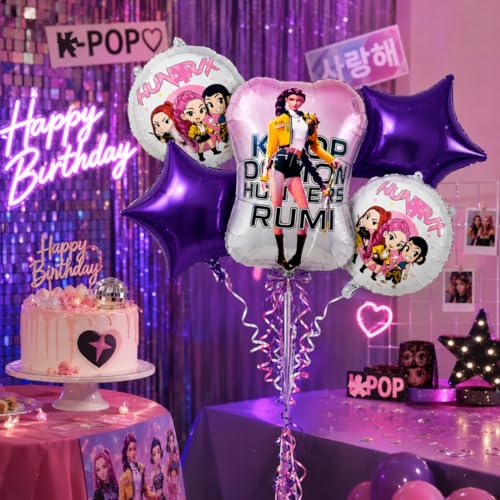 Image of Wanna Party Korean Pop Theme Rumi Print Birthday Balloon Bouquet Set - 5PC Foil Balloon Decoration, Helium Supported for Kids Birthday, Music Theme Party, Cake Table & Photo Booth Decor