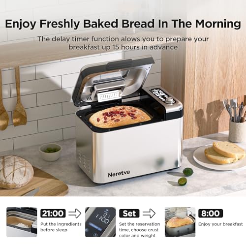 Neretva Bread Maker, 3.3LB Larger Bread Machine 15-in-1 Stainless Steel & Nonstick Ceramic Pan & Auto Nut Dispenser Breadmaker Machines Full Touch Panel with Gluten Free White Wheat Rye French Pizza image 6