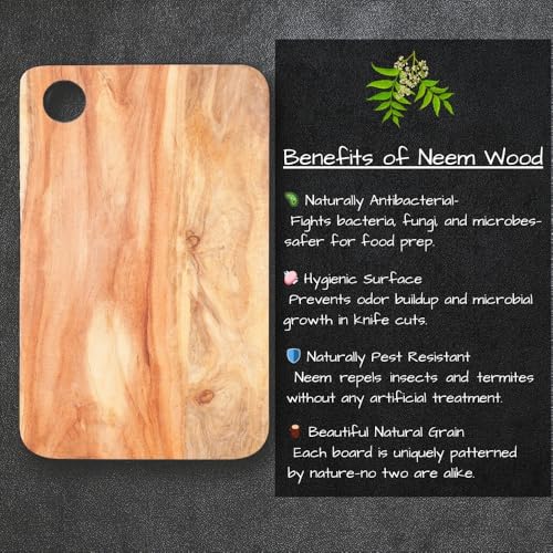 Image of 100% Natural Neem Wood Chopping /Cutting Board for Kitchen -Chef Knife Included- Anti-Bacterial - Reversible - No Polish /No Dyes - Natural Color & Finish with Mineral Oils - Multi Block