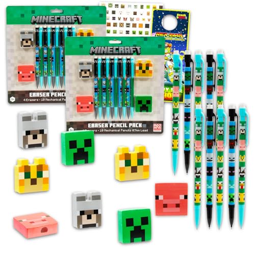 Minecraft Mechanical Pencils and Erasers Party Favors Bulk, 20 Pencils and 8 Erasers for Goodie Bags, Loot Bags, Classroom Prizes Plus More | Minecraft Party Supplies Kids, Boys, Girls