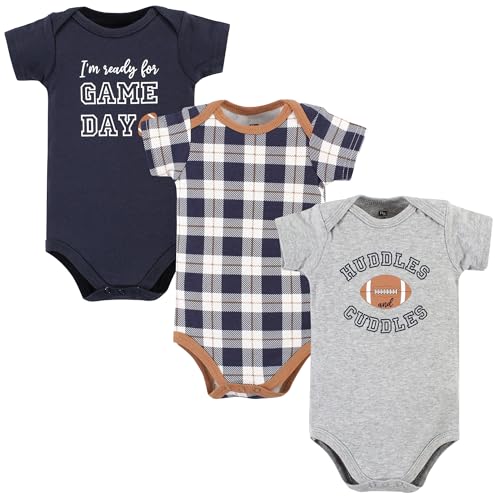 Image of Hudson Baby Unisex Baby Cotton Bodysuits, Football Huddles 3-Pack, 6-9 Months