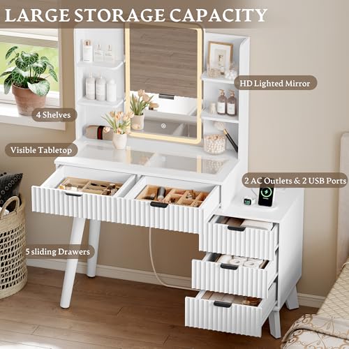 Image of Xixini Fluted Vanity Desk with LED Lights Mirror & Charging Station, White