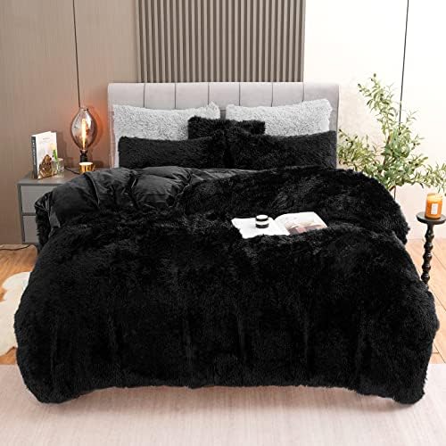 Fluffy Plush Black Duvet Cover Set King Size, Luxury Ultra Soft Velvet Fuzzy Comforter Cover Bed Sets 4Pcs(1 Faux Fur Duvet Cover + 2 Pillow Cases + 1 Pillow Cover) Zipper Closure (King, Black)