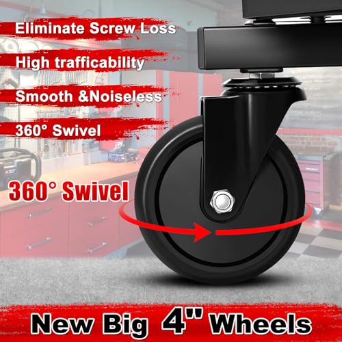 Image of Rolling Stool with Wheels, Adjustable Height Pneumatic Garage Work Mechanic Stool Seat with Backrest, 400 LBS Capacity 360 Swivel Mechanic Crepper Chair with Tool Tray Storage, Red