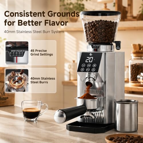 Image of AMZCHEF Electric Conical Burr Coffee Grinder, 45 Settings, Stainless Steel Burrs with Timer & Dosing Control, Low-Mess Design for Espresso, Pour Over & French Press, for Beginners & Home Baristas
