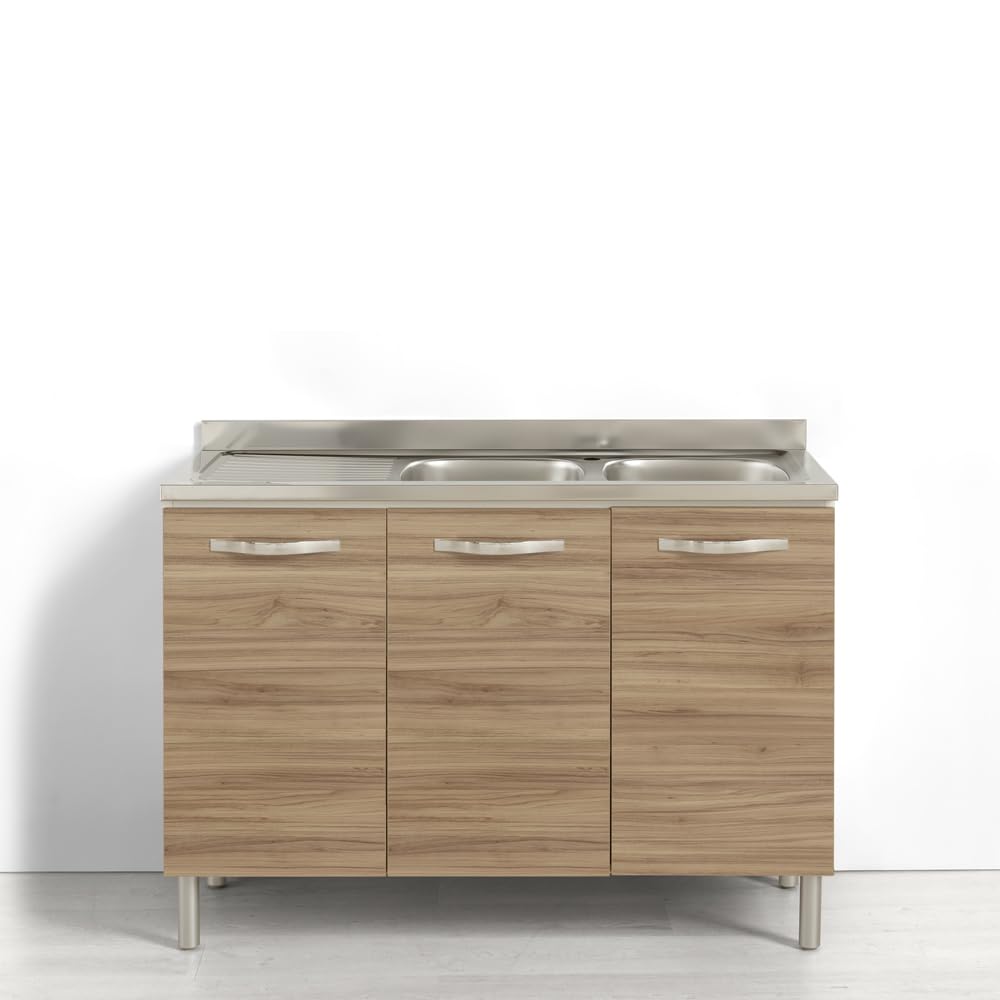 REDÒKASA Sotto lavello per cucina componibile da 120 cm con 3 ante linea MAKA, realizzata in legno 100% MADE IN ITALY (Con lavello vasche a Destra, Noce)