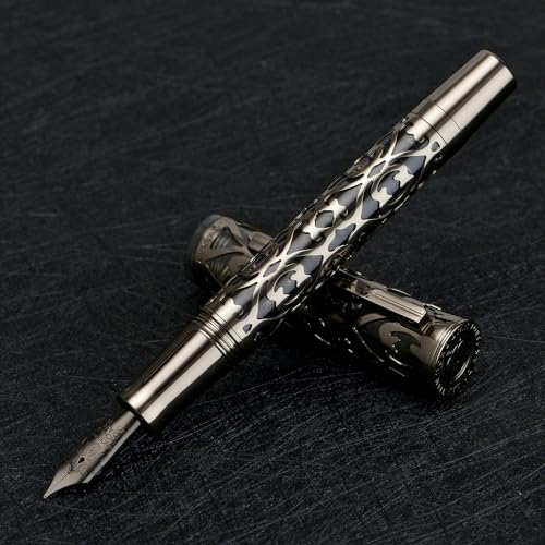 Image of Hongdian D1 Piston Fountain Pen Extra Fine Soft Nib, Jet Black Hollow Skeleton & Resin Pen with Metal Case Set
