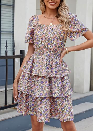 Image of PRETTYGARDEN Women's Summer Floral Ruffle Short Dress | Short Sleeve Square Neck, Flowy Tiered Hem, Fit and Flare, Flower Boho Dresses, Cute Beach Vacation Outfits, Fashion Clothing