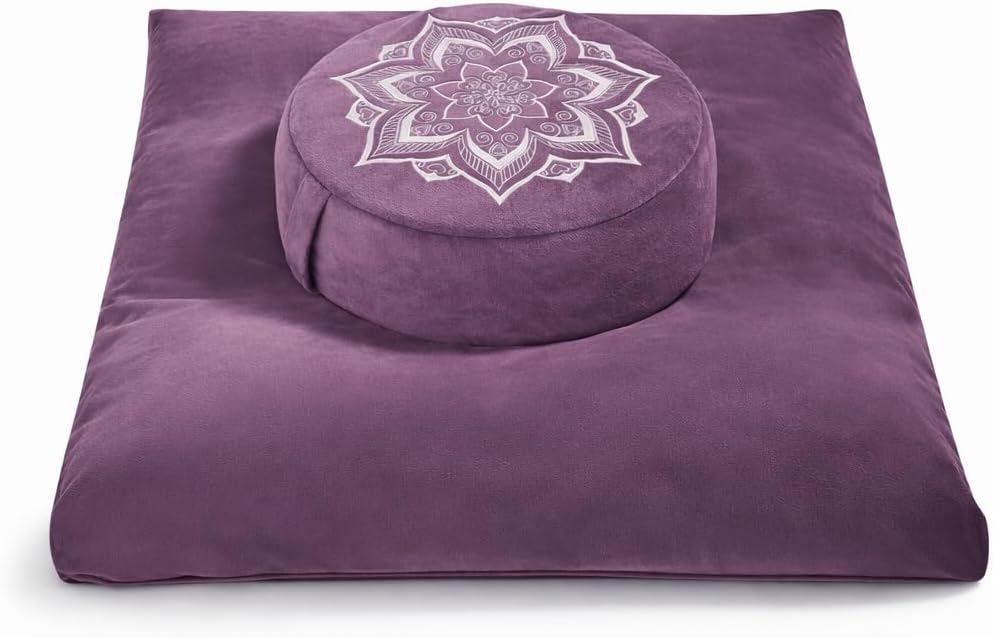 Meditation Zafu Cushion Set with Buckwheat Hulls & Memory Foam - Ergonomic Support for Yoga & Sitting - Removable Machine-Washable Luxury Velvet Cover - for Adults and Kids (Purple)