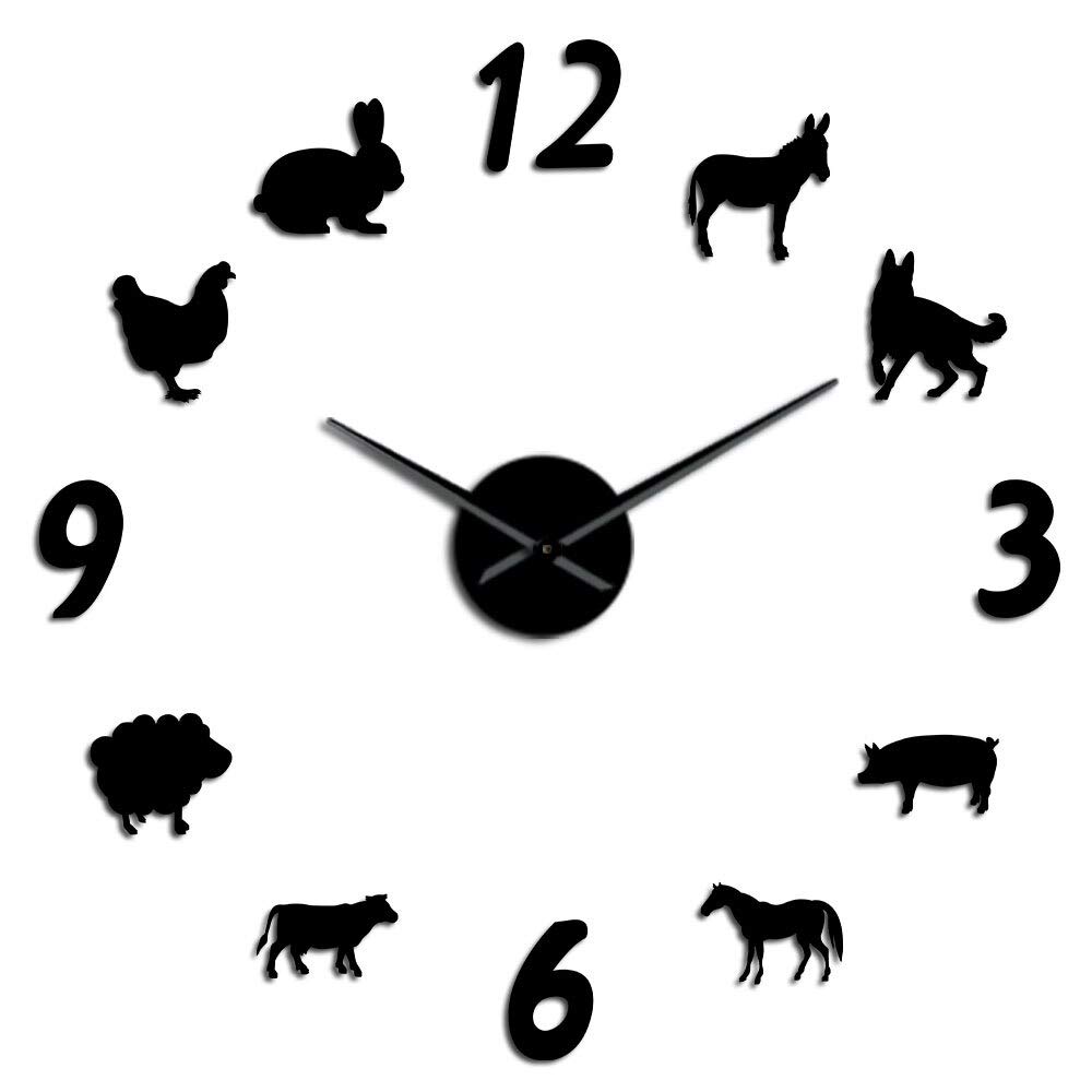 Horloge Murale Géante Silhouette Animaux Bricolage Structure sans Cadre Moderne Noir 70CM