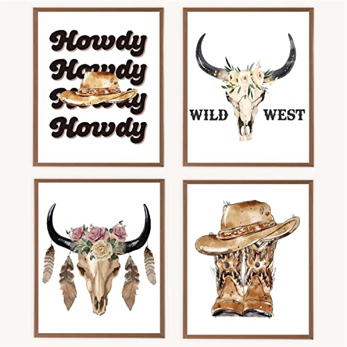 Image of VNWEK Retro Beige Preppy Howdy Wild West Western Floral Bull Skull Cowboy Hat Boot Wall Art Poster Prints Unframed 8”x10”Set Of 4,Western Preppy Decorations for Home Preppy Room Dorm,Teen Girls Gifts