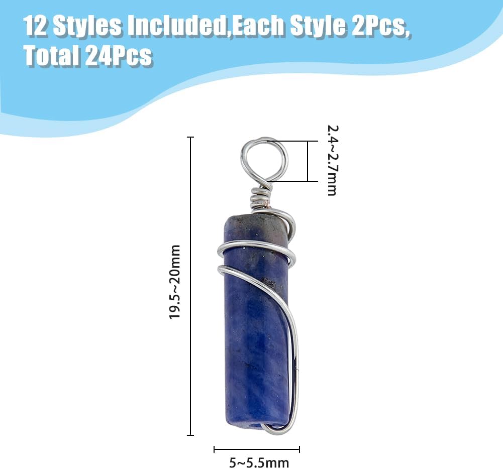 SUPERFINDINGS 24pcs 12 Colors Natural Gemstone Pendants Brass Wire Wrapped Colorful Column Jewelry Stone Clear Crystals Charm Bulk for Earring Bracelet DIY Jewelry Making Hole 2.4-2.7mm - Image 2