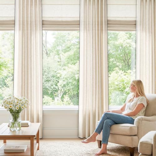 Image of jinchan Beige Linen Curtains with Black Trim Back Tab 50 x 96 Inch 2 Panels