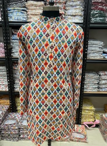 Image of FOXDX Men's Cotton Blend Printed Long Kurta Suitable for All Indian Wedding, Occasions, and Festivals