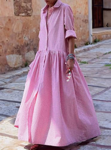 Image of chouyatou Women's Retro Plaid Button Down Maxi Shirt Dress Long Sleeve Button Up Gingham Swing Long Dress