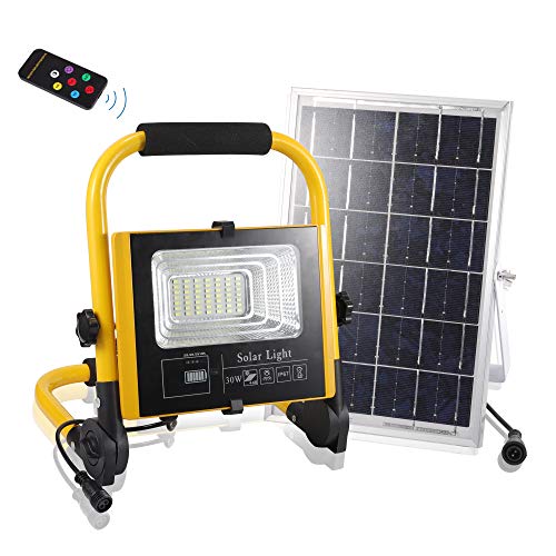 Solar LED Baustrahler,30W Arbeitsleuchte 400LM IP67 Solarlampe Arbeitsscheinwerfer Bauscheinwerfer mit 5M Verlängerungskabel und Fernbedienungen 6000K Tageslichtweiß für Garten Garage Baustelle Cover