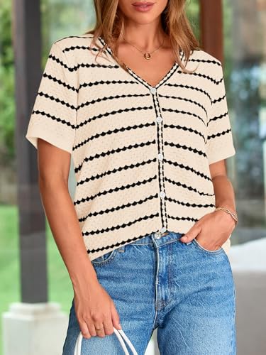 Image of NALANISA Women's Short Sleeve Sweater Spring Summer Crochet Knit Tops 2026 V Neck Striped Button Down Dressy Casual Blouses