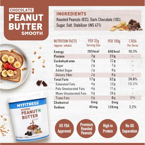 Image of MYFITNESS Peanut Butter Chocolate Flavour, Smooth 1.25kg | 22g Protein | Tasty & Healthy Nut Butter Spread | Vegan | Cholesterol Free & Gluten Free | Zero Trans Fat | Creamy Peanut Butter