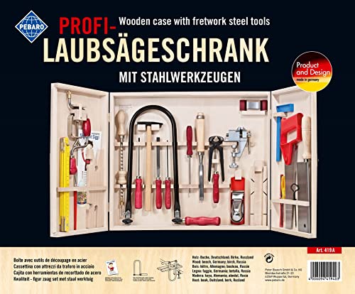 Pebaro 419A Profi-Laubsägeschrank, 31 Teile, komplettes Set im Holzschrank, Stahlwerkzeuge, Laubsägebogen made in Germany, Bohrmaschine, Basteln mit Holz, Laubsägen, Geschenkidee für Handwerker