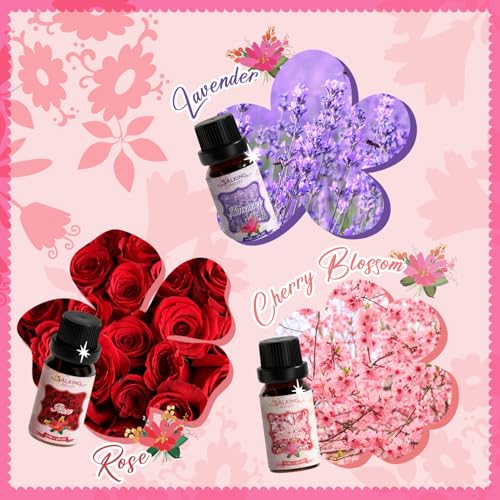 SALKING Bloemen etherische oliën set, aromatherapie geurolie cadeauset, pure geuroliën voor diffusers en luchtbevochtigers, 6x10 ml (lavendel, kersenbloesem, gardenia, roos, ylang-ylang, kamille) - Afbeelding 4
