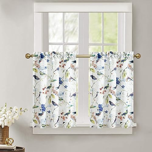 Leeva Farmhouse Short Curtains for Windows, Elegant Blue Birds Linen