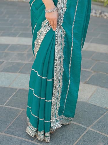 Image of Satrani Women's Shimmer Chiffon Scalloped Border Sequins Embroidery Saree with Unstitched Blouse Piece