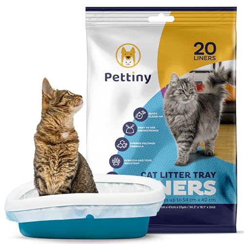Pettiny 20 Cat Litter Box Liners with Drawstrings - Scratch Resistant Cat Litter Bags for a Medium and Large Litter Pan