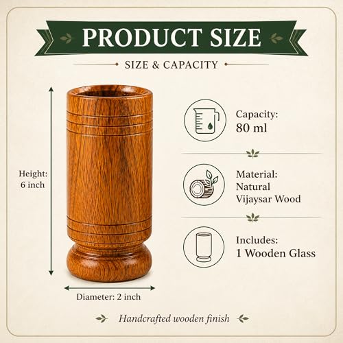 Image of Vijaysar Wood Drinking Glass, Natural Wooden Water Glass, 80 ml Capacity, Handcrafted Ayurvedic Inspired Herbal Water Tumbler for Daily Wellness