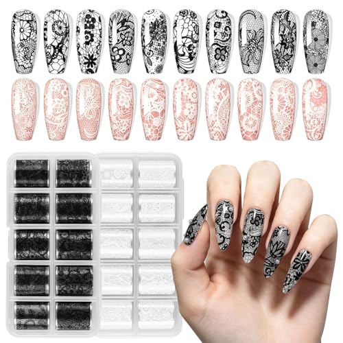 JODSONE Lace Nail Foils 20 Rolls 2 Boxes Black and White Nail Art Transfer Stickers Holographic Transfer Sheets for Manicure Salon & Home Use
