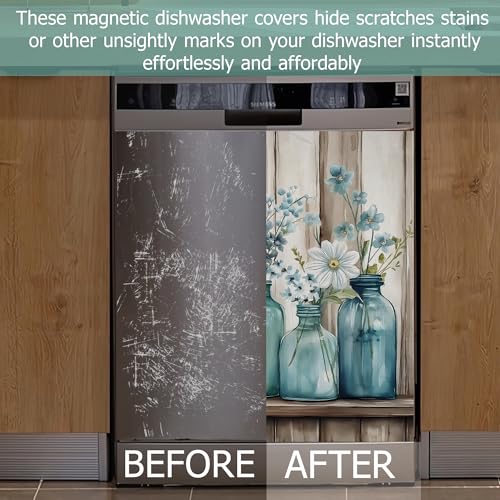 Image of Blue Mason Jars Flowers Dishwasher Magnets Decorative Cover,Rustic Wooden Boards Waterproof Magnetic Dishwasher Cover Panel,Refrigerator Magnet Cover for Kitchen Home Decor 23x26 Inch