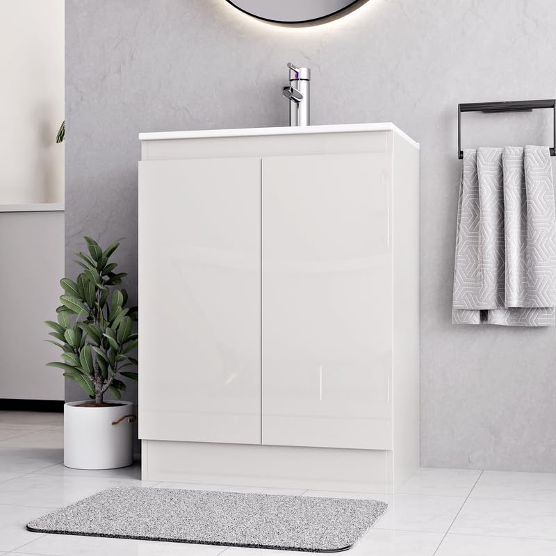 BELOFAY Denvor White 600mm Floor Standing Bathroom Vanity Unit With Basin - Laquered Cloakroom Vanity Unit with 1 Tap Hole Ceramic Basin and Soft Close Hinges. (WASTE INCLUDED)