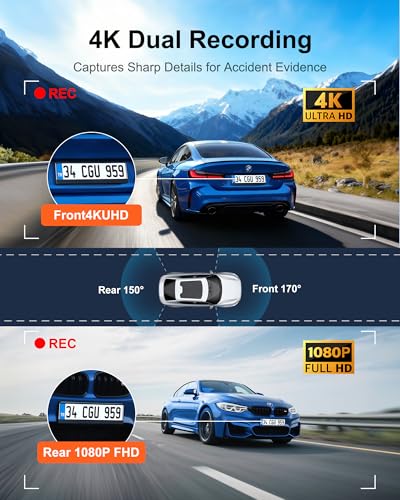 Image of 4K Dash Cam Front Rear, Dual Dash Camera for Cars Built in 5GHz /2.4GHz WiFi GPS Dashcam with G-Sensor 24H Parking Monitor Loop Recording WDR Night Vision 170 View Angle APP Control Free 64GB SD Card
