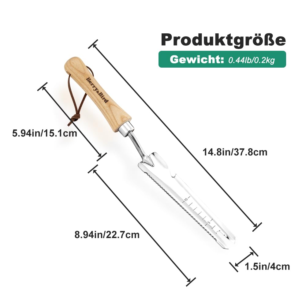 Berry&Bird Multifunktions-Unkrautjäter 37,8 cm, Unkrautstecher mit Stiel aus Eschenholz, Edelstahlkopf mit Maß Unkrautstecher, Handjätgerät für den Garten, Gras- und Erdflächen, für Graben Jäten Lösen