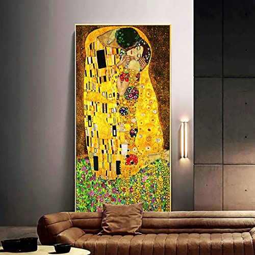 Gustav Klimt Le Baiser Peintures à l'huile Classiques Impression Toile Salon Encadré 60x130cm