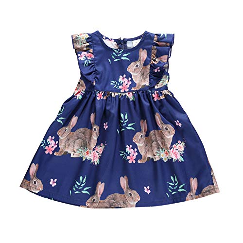 Toddler Infant Baby Girls Easter Princess Dresses Bunny Pattern Ruffle Sleeve Overall Dress Comfort Soft Spring Clothes Dark Blue