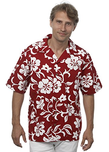 Benny's Men's Classic Hawaiian Shirt - 100% Cotton Poplin, Hibiscus Print, Navy (Size L)
