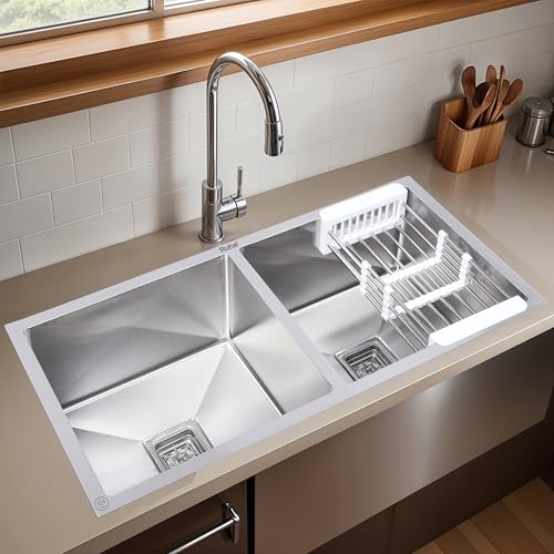 Image of Ruhe Handmade Double Bowl Kitchen Sink - 37x18x10 inches | 304-Grade Stainless Steel Sink | Brushed Matte Finish | Including Couplings, Waste Pipe, Sink Connector & Vegetable Washing Basket