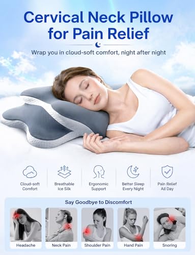 Image of lazyzzz Cervical Neck Pillow for Neck and Shoulder Pain Relief, Memory Foam Pillow, Ergonomic Contour Side Sleeper Pillows, Soft Cooling Orthopedic Pillow for Side Back Stomach Sleepers