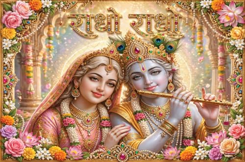Image of Rangoli Radha Krishna Self Adhesive Poster 18x12 Inch | Radhe Radhe Hindu God Wall Sticker Poster with Floral Border for Home Temple Pooja Room Living Room Decor
