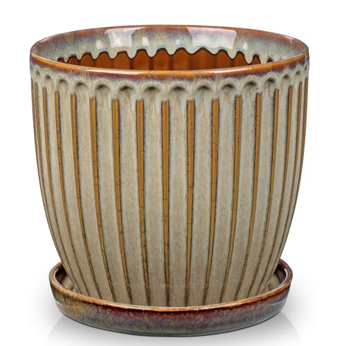 Oairse Keramik Gerippter Übertopf, Blumentöpfe mit Drainageloch-Untersetzern für Zimmerpflanzen, Retro-Dekoration für Gartenbehälter-Sets im Freien, Durchmesser Öffnung 20cm, Vintage Braun